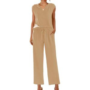 imageEkouaer Womens 2 Piece Pajama Sets Sleeveless V Neck Silky Tank Top with High Waist Wide Leg Pants Lounge Sets SXXLKhika