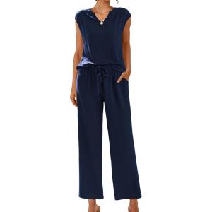 imageEkouaer Womens 2 Piece Pajama Sets Sleeveless V Neck Silky Tank Top with High Waist Wide Leg Pants Lounge Sets SXXLNavy