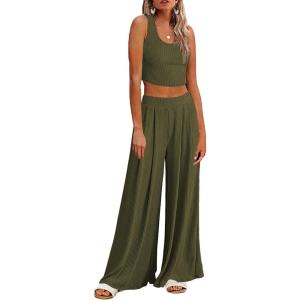 imageEkouaer Womens Pajamas 2 Piece Lounge Set Ribbed Knit Loungewear Sleeveless Tank Top Wide Leg PantsArmy Green