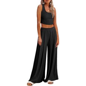 imageEkouaer Womens Pajamas 2 Piece Lounge Set Ribbed Knit Loungewear Sleeveless Tank Top Wide Leg PantsBlack
