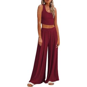 imageEkouaer Womens Pajamas 2 Piece Lounge Set Ribbed Knit Loungewear Sleeveless Tank Top Wide Leg PantsBurgundy