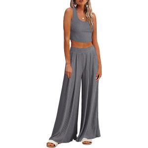 imageEkouaer Womens Pajamas 2 Piece Lounge Set Ribbed Knit Loungewear Sleeveless Tank Top Wide Leg PantsDark Gray