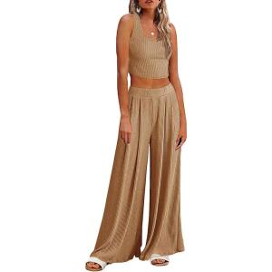 imageEkouaer Womens Pajamas 2 Piece Lounge Set Ribbed Knit Loungewear Sleeveless Tank Top Wide Leg PantsDark Khaki