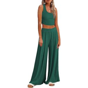 imageEkouaer Womens Pajamas 2 Piece Lounge Set Ribbed Knit Loungewear Sleeveless Tank Top Wide Leg PantsEvergreen