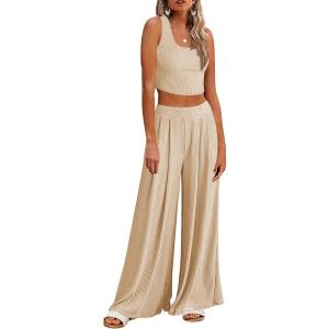imageEkouaer Womens Pajamas 2 Piece Lounge Set Ribbed Knit Loungewear Sleeveless Tank Top Wide Leg PantsKhaki