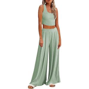 imageEkouaer Womens Pajamas 2 Piece Lounge Set Ribbed Knit Loungewear Sleeveless Tank Top Wide Leg PantsLight Green