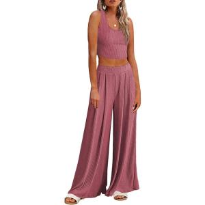 imageEkouaer Womens Pajamas 2 Piece Lounge Set Ribbed Knit Loungewear Sleeveless Tank Top Wide Leg PantsOld Rose