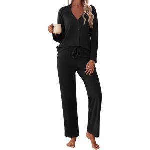 imageEkouaer Womens Pajamas Fleece Pj Set Long Sleeve Sleepwear 2 Piece Soft Nightwear Button Down Loungewear SetsBlack