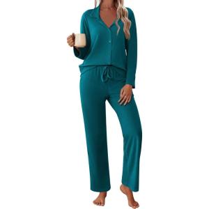 imageEkouaer Womens Pajamas Fleece Pj Set Long Sleeve Sleepwear 2 Piece Soft Nightwear Button Down Loungewear SetsBlue Green
