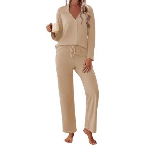 imageEkouaer Womens Pajamas Fleece Pj Set Long Sleeve Sleepwear 2 Piece Soft Nightwear Button Down Loungewear SetsKhaki