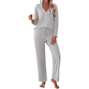 imageEkouaer Womens Pajamas Fleece Pj Set Long Sleeve Sleepwear 2 Piece Soft Nightwear Button Down Loungewear SetsLight Grey