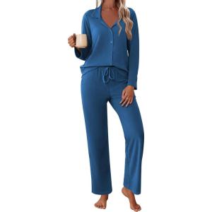 imageEkouaer Womens Pajamas Fleece Pj Set Long Sleeve Sleepwear 2 Piece Soft Nightwear Button Down Loungewear SetsNavy