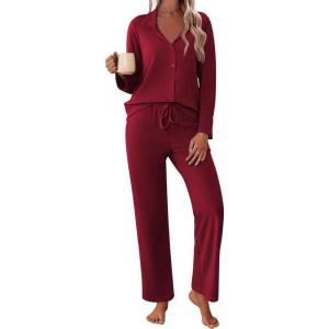 imageEkouaer Womens Pajamas Fleece Pj Set Long Sleeve Sleepwear 2 Piece Soft Nightwear Button Down Loungewear SetsWine Red