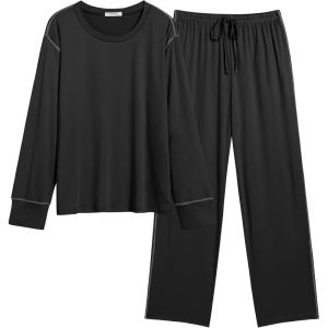 imageEkouaer Womens Pajamas Set 2 Piece Lounge Sets Long Sleeve Crewneck Top and Pants Soft Pjs with PocketsBlack