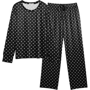 imageEkouaer Womens Pajamas Set 2 Piece Lounge Sets Long Sleeve Crewneck Top and Pants Soft Pjs with PocketsBlack Dots