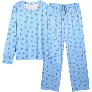 imageEkouaer Womens Pajamas Set 2 Piece Lounge Sets Long Sleeve Crewneck Top and Pants Soft Pjs with PocketsBlue Floral