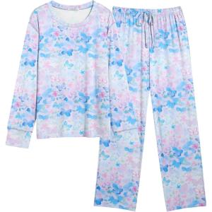 imageEkouaer Womens Pajamas Set 2 Piece Lounge Sets Long Sleeve Crewneck Top and Pants Soft Pjs with PocketsButterfly