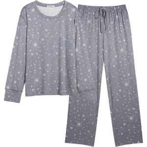 imageEkouaer Womens Pajamas Set 2 Piece Lounge Sets Long Sleeve Crewneck Top and Pants Soft Pjs with PocketsGray Stars