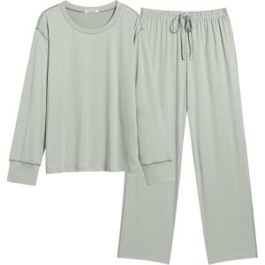 imageEkouaer Womens Pajamas Set 2 Piece Lounge Sets Long Sleeve Crewneck Top and Pants Soft Pjs with PocketsLight Green