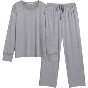 imageEkouaer Womens Pajamas Set 2 Piece Lounge Sets Long Sleeve Crewneck Top and Pants Soft Pjs with PocketsLight Grey
