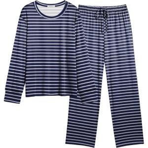 imageEkouaer Womens Pajamas Set 2 Piece Lounge Sets Long Sleeve Crewneck Top and Pants Soft Pjs with PocketsNavy Stripe