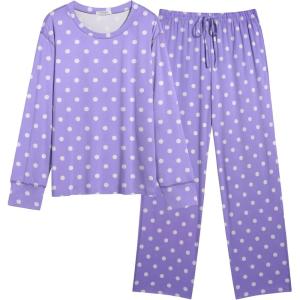 imageEkouaer Womens Pajamas Set 2 Piece Lounge Sets Long Sleeve Crewneck Top and Pants Soft Pjs with PocketsPurple Dots