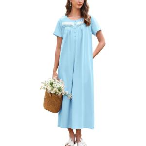 imageEkouaer Nightgown for Women Cotton Long Night Gown Short Sleeve Nightdress with Pockets Button Sleepshirt Soft SleepwearCyan