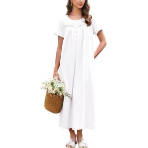 imageEkouaer Nightgown for Women Cotton Long Night Gown Short Sleeve Nightdress with Pockets Button Sleepshirt Soft SleepwearWhite
