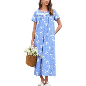 imageEkouaer Nightgown for Women Cotton Long Night Gown Short Sleeve Nightdress with Pockets Button Sleepshirt Soft SleepwearWhite Bird
