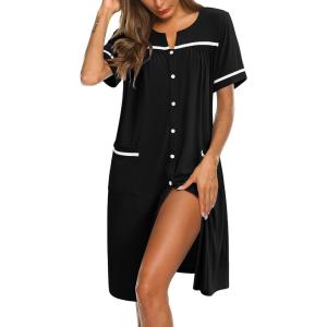 imageEkouaer Nightgowns for Women House Dress with Pockets Button Down Sleepshirt Short Sleeve Nightshirt Housecoat SXXXLBlack