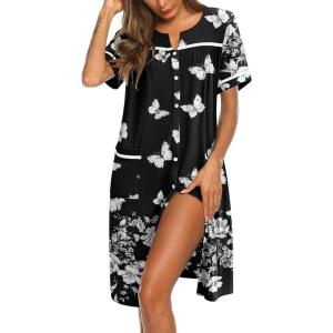 imageEkouaer Nightgowns for Women House Dress with Pockets Button Down Sleepshirt Short Sleeve Nightshirt Housecoat SXXXLBlack Butterfly