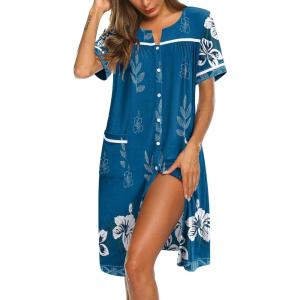 imageEkouaer Nightgowns for Women House Dress with Pockets Button Down Sleepshirt Short Sleeve Nightshirt Housecoat SXXXLBlue Green Flower