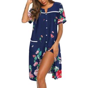 imageEkouaer Nightgowns for Women House Dress with Pockets Button Down Sleepshirt Short Sleeve Nightshirt Housecoat SXXXLNavy Flower