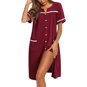 imageEkouaer Nightgowns for Women House Dress with Pockets Button Down Sleepshirt Short Sleeve Nightshirt Housecoat SXXXLWine Red