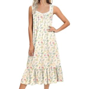 imageEkouaer Nightgowns for Women Long Sleeveless Night Gown Victorian Nightdress Button Sleepshirt Soft Sleepwear SXXXLBeige Floral