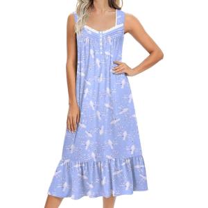 imageEkouaer Nightgowns for Women Long Sleeveless Night Gown Victorian Nightdress Button Sleepshirt Soft Sleepwear SXXXLWhite Bird