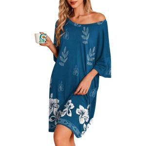 imageEkouaer Plus Size Nightgowns for Women Oversized Sleep Shirt Short Sleeve Nightshirt TShirt Dress Sleepwear SXXXLBlue Flower