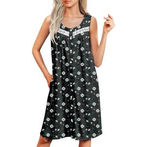 imageEkouaer Tank Nightgowns for Women Button Up Sleepshirt Sleeveless Nightdress Soft Sleepwear House Dresses with PocketsGreen White Floral