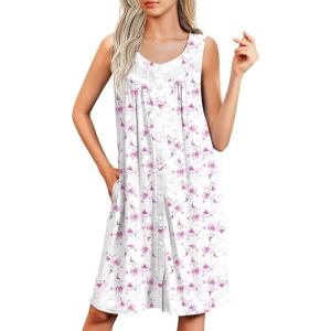 imageEkouaer Tank Nightgowns for Women Button Up Sleepshirt Sleeveless Nightdress Soft Sleepwear House Dresses with PocketsLight Pink Floral