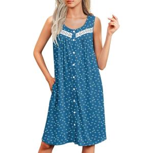 imageEkouaer Tank Nightgowns for Women Button Up Sleepshirt Sleeveless Nightdress Soft Sleepwear House Dresses with PocketsNavy Dog Footprints