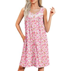 imageEkouaer Tank Nightgowns for Women Button Up Sleepshirt Sleeveless Nightdress Soft Sleepwear House Dresses with PocketsPink Floral