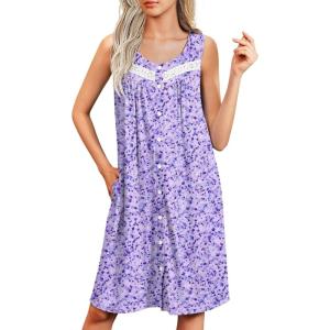 imageEkouaer Tank Nightgowns for Women Button Up Sleepshirt Sleeveless Nightdress Soft Sleepwear House Dresses with PocketsPurple Florals