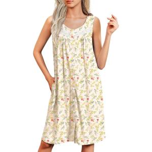 imageEkouaer Tank Nightgowns for Women Button Up Sleepshirt Sleeveless Nightdress Soft Sleepwear House Dresses with PocketsYellow Floral