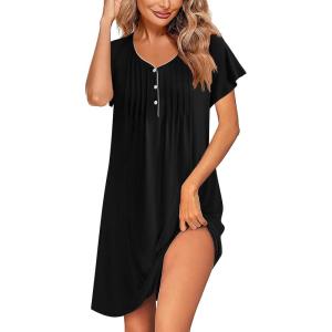 imageEkouaer Womens Nightgown Flare Short Sleeve Sleepwear Pleated Sleepshirt Soft Pajama Dress SXXXLBlack