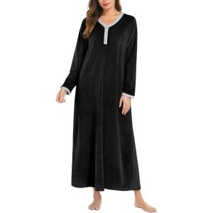 imageEkouaer Womens Velvet Nightgowns Long Sleeve Printed Sleepwear Velour Full Length Sleep ShirtsBlack