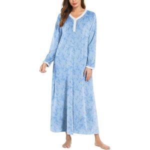 imageEkouaer Womens Velvet Nightgowns Long Sleeve Printed Sleepwear Velour Full Length Sleep ShirtsBlue Flowers