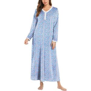 imageEkouaer Womens Velvet Nightgowns Long Sleeve Printed Sleepwear Velour Full Length Sleep ShirtsBlue Small Florals