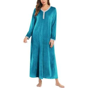 imageEkouaer Womens Velvet Nightgowns Long Sleeve Printed Sleepwear Velour Full Length Sleep ShirtsLake Blue