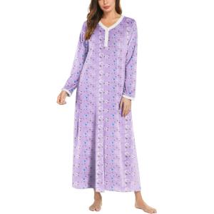 imageEkouaer Womens Velvet Nightgowns Long Sleeve Printed Sleepwear Velour Full Length Sleep ShirtsLight Purple Flower