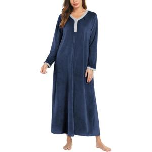 imageEkouaer Womens Velvet Nightgowns Long Sleeve Printed Sleepwear Velour Full Length Sleep ShirtsNavy Blue